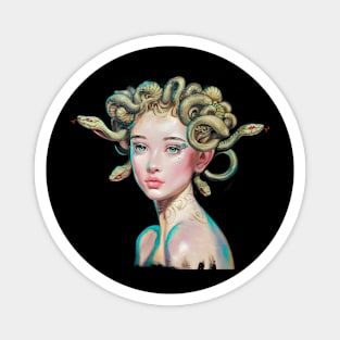 Her Hair Consists of Snakes with Art Nouveau Patterns and Red Eyes, Framing Her Face Magnet